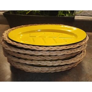 Set of 6 Vintage Yellow Enamel Sizzler Plates w/ Wicker Bases – Mid-Century